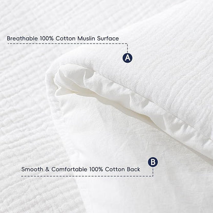 PHF Cotton Muslin Comforter Set King – 100% Cotton Cover, Ultra Soft & Breathable, 3PCS Lightweight All-Season Bedding with Polyester Fill, 1 Comforter 104"x90" & 2 Pillow Shams 20"x36", White