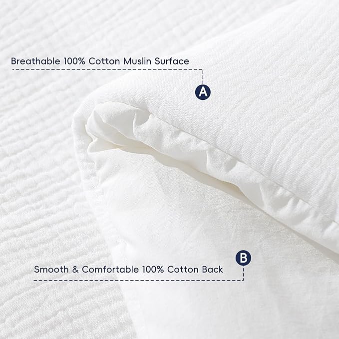 PHF Cotton Muslin Comforter Set Twin – 100% Cotton Cover, Ultra Soft & Breathable, 2PCS Lightweight All-Season Bedding with Polyester Fill, 1 Comforter 68"x90" & 1 Pillow Sham 20"x26", White