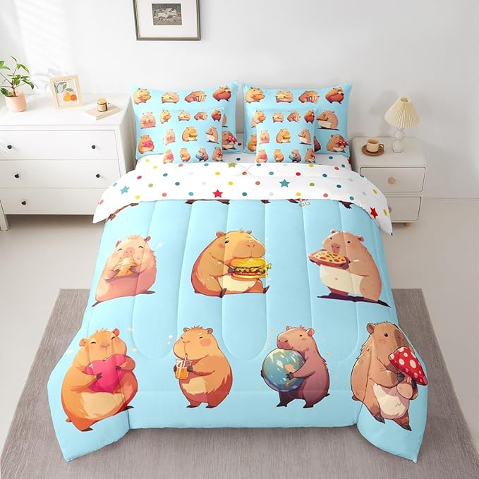 Erosebridal Funny Capybaras 7 Pieces Bedding Set Queen,Capybara Lover Bed in a Bag,Cartoon Rodents Bed Set Includes Comforter,Sheet Set,Pillowcases & Pillow Covers,Blue Khaki Capybara Bedroom Decor