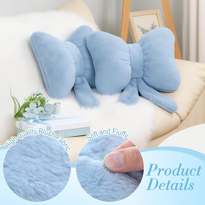 2 Pcs Blue Bow Pillow Faux Fur Blue Throw Pillows Soft Furry Coquette Decorative Cushion Cute Plush Bow Decor for Xmas Girls Home Room Bed Sofa Couch Car Gifts, 12 * 16 Inch