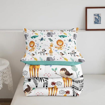 Erosebridal Toddler Size Zoo Animal Comforter Set, Giraffe Lion Elephant Bedding Set, Cute Wild Animals Down Comforter for Kids Teens Boys Girls Bedroom, Cartoon Safari Wildlife Quilt,Lightweight