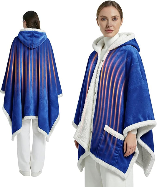 Myiosus Heated Blanket Wearable Shawl, Electric Wrap Poncho Blanket Hoodie with Pockets, Velvet & Sherpa Heating Throw with 6 Heating Levels & 4 Time Settings,Birthday Gifts for Mom, 50 x 64 Inch,Navy
