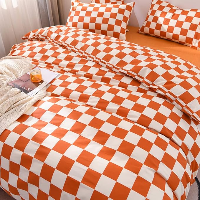 CLOTHKNOW Orange Plaid Queen Comforter Set Grid Bedding Comforter Sets Soft Checker Queen Comforter Burnt Orange Queen Size Comforter Sets
