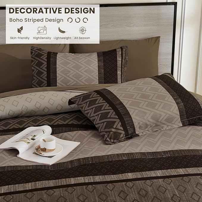 Cottolester Boho Comforter Set Queen Size,Light Brown Striped Bed in a Bag,7 Piece Plaid Comforter and Sheet Set,Soft Microfiber Complete Bedding Sets