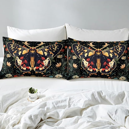 Erosebridal Halloween Boho Moth Bedding Set Queen, Gothic Nature Comforter Set Boho Exotic Vintage Floral Black Comforter for Kids Teens Youth Women Men Bedroom, Starry Sky Quilt with 2 Pillow Cases