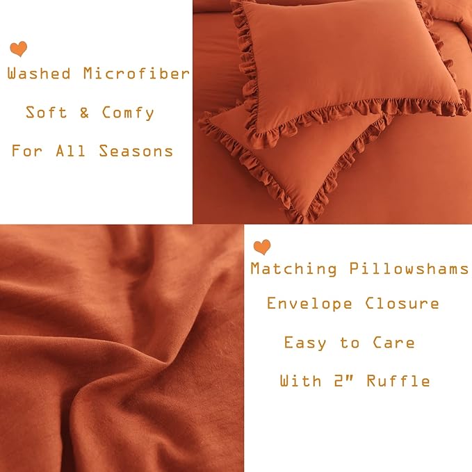 Masaca Terracotta Ruffled Comforter King Size,Shabby Burnt Orange Chic Farmhouse Bedding Lightweight Fluffy Ruffle Bed Comforter Aesthetic Rustic Bed Set 3 Pieces