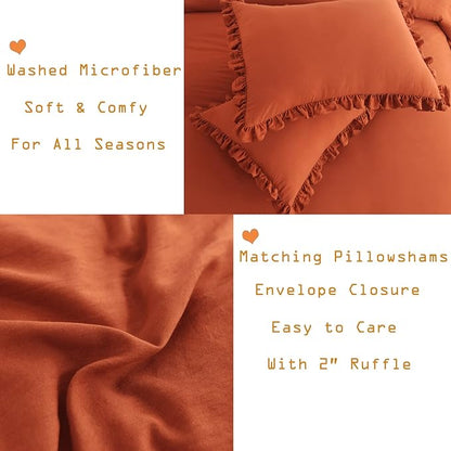 Masaca Terracotta Ruffled Comforter King Size,Shabby Burnt Orange Chic Farmhouse Bedding Lightweight Fluffy Ruffle Bed Comforter Aesthetic Rustic Bed Set 3 Pieces