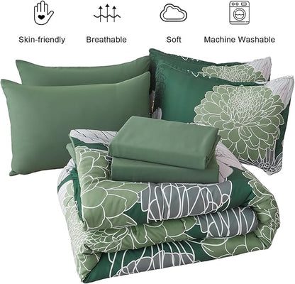 Yiran 7 Pieces King Size Comforter Set,Dark Green Floral Bed in a Bag Comforter and Sheet Set, Soft Microfiber Lightweight Bedding Set for All Season 104"×90"