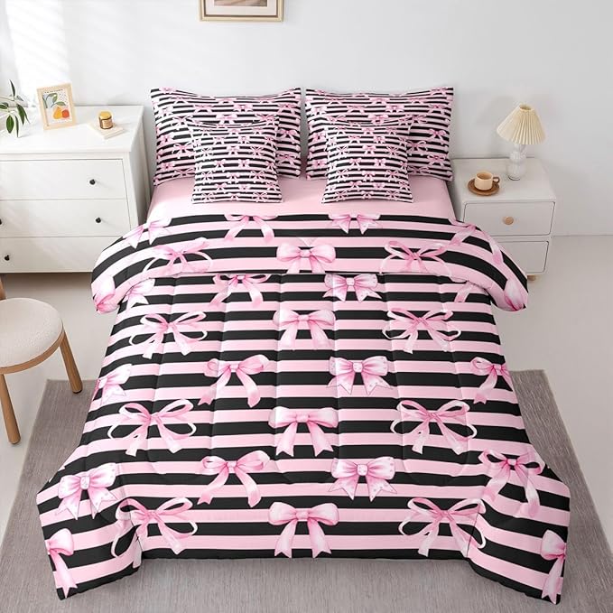 Erosebridal Kawaii Cute Pink Black Girls Bowknot Comforter Set Queen Size 7 Pieces | Bow Y2K Kids Bed in A Bag Geometric Bed Set Stripe Bedding
