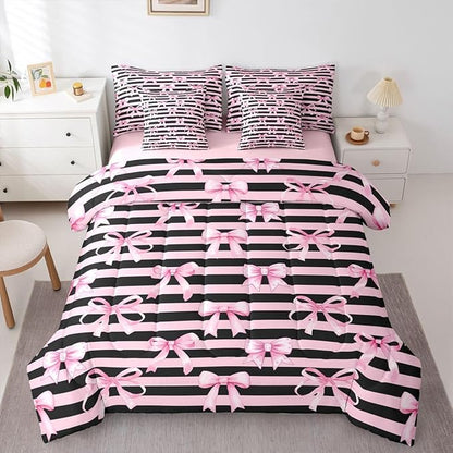 Erosebridal Kawaii Cute Pink Black Girls Bowknot Comforter Set Queen Size 7 Pieces | Bow Y2K Kids Bed in A Bag Geometric Bed Set Stripe Bedding