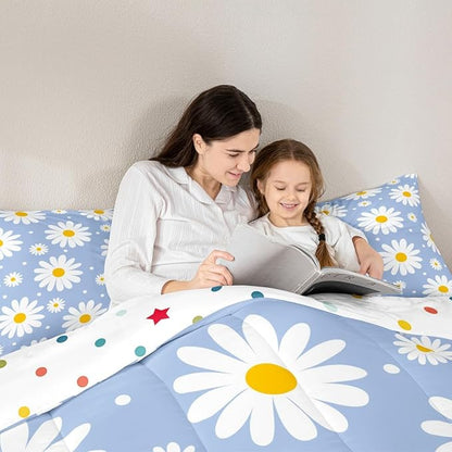 Erosebridal Blue Daisy Full Bedding Set for Girls,Cute Cartoon Flower Comforter Set Rustic Daisy Floral Comforter Watercolor Flowers Duvet Insert for Kids Teen Adults Room Decor
