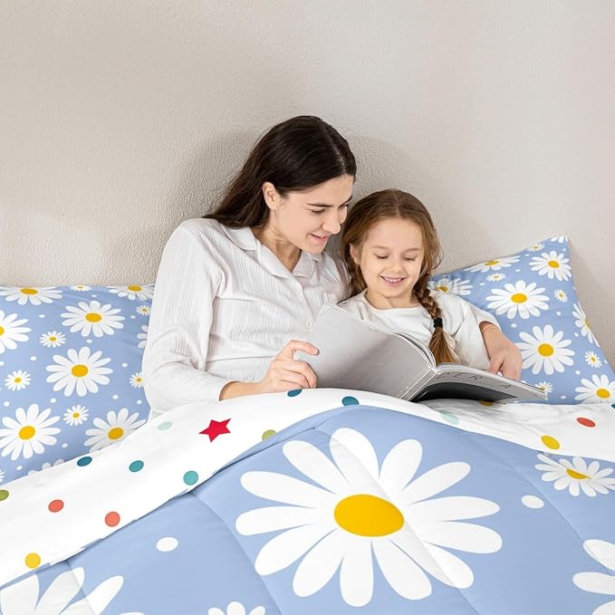 Erosebridal Blue Daisy Bedding Set for Girls,Cute Cartoon Flower Queen Comforter Set Rustic Daisy Floral Comforter Watercolor Flowers Duvet Insert for Kids Teen Adults Room Decor