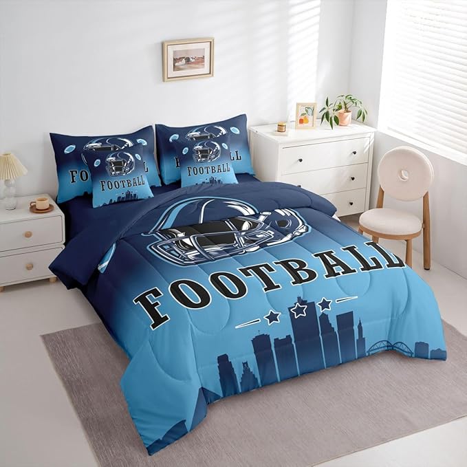 Erosebridal American Soccer Comforter Set with Sheets Football City Blue 7 Piece Bedding Set Full for Kids Boys Girls Teen Room Decor,Sports Rugby Games Bed in A Bag Ball Sports Bed Set