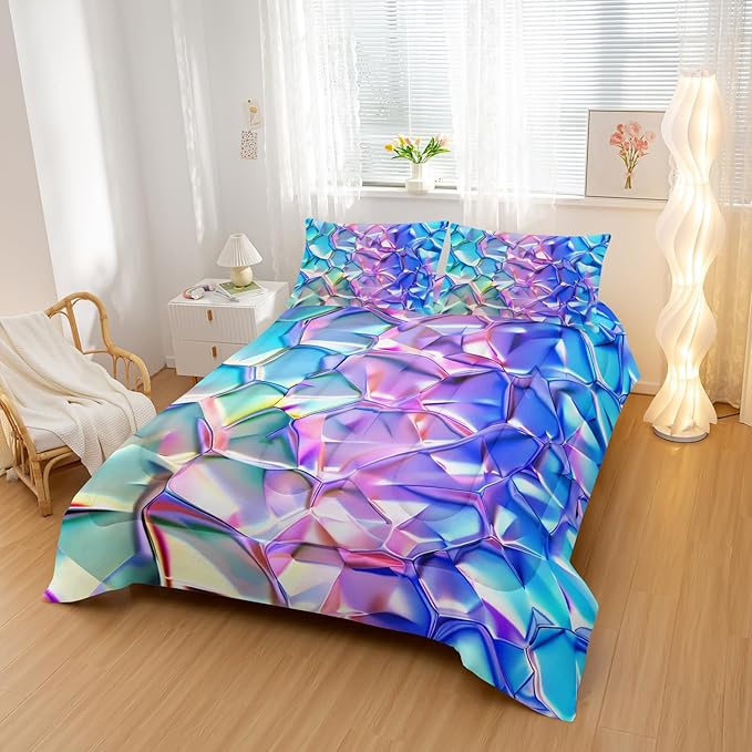 Purple and Blue Abstract Art Comforter Modern Abstract Comforter Set,Laser Gradient Bedding Set Queen Size,Mordern Art Decor All Season Lightweight Soft Microfiber with 2 Pillow Shams