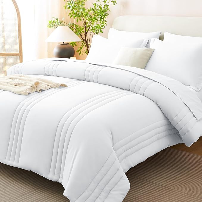 CozyLux California King Size Comforter Set - 7 Pieces Bed in a Bag White Comforter Set with Sheets Cal King, Soft Bedding Set with Down Alternative Comforter, Sheets, Pillowcases & Shams