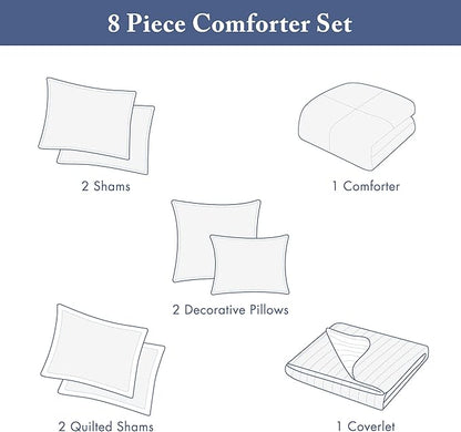 Madison Park Marina Comforter Quilt Combo Set - Modern Luxury Design, All Season Down Alternative Bedding, Matching Shams, Decorative Pillows, King/Cal King(104"x92") Seersucker Blue 8 Piece