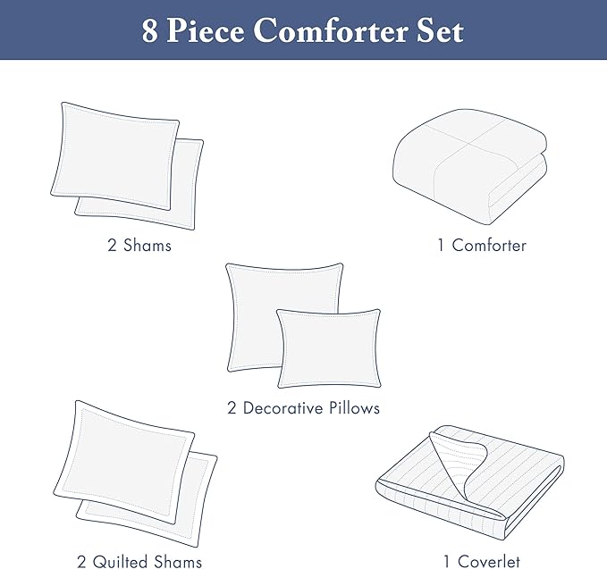 Madison Park Marina Comforter Quilt Combo Set - Modern Luxury Design, All Season Down Alternative Bedding, Matching Shams, Decorative Pillows, Full/Queen(90"x90"), Seersucker Blue 8 Piece