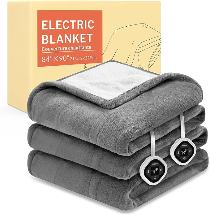HOMLYNS LuxeHeat Heated Blanket Electric Blanket Queen Size, Soft Flannel Sherpa Heating Blanket with 10 Heat Settings, 1-10 hrs Timer Auto Shut Off (84x90 inches, Grey)