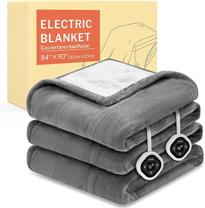 HOMLYNS LuxeHeat Heated Blanket Electric Blanket Queen Size, Soft Flannel Sherpa Heating Blanket with 10 Heat Settings, 1-10 hrs Timer Auto Shut Off (84x90 inches, Grey)