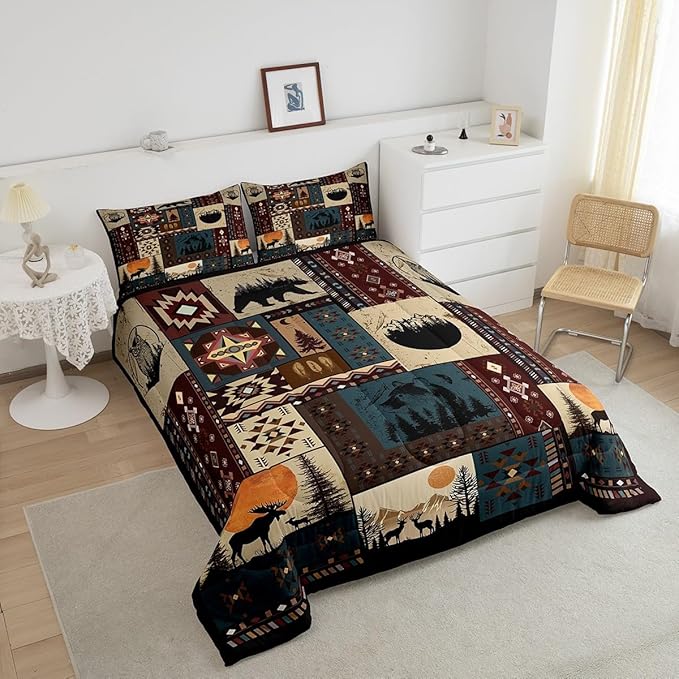 Bohemian Deer Bedding Sets Queen Bear Wildlife Hunting Theme Comforter Cabin Decor Buffalo Plaid Grid Duvet Insert for Adult Women Men Retro Boho Xmas Pine Tree Down Comforter Geometric Quilt 3Pcs