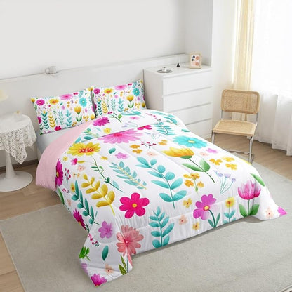 Manfei Watercolor Floral Comforter Set Queen Size,Botanical Flower Leaves Bedding Set 3pcs,Cartoon Cute Blossom Down Comforter for All Season,Kids Boys Girls Room Decor,2 Pillowcases,No Sheets