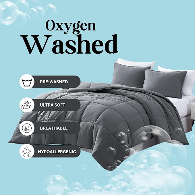 Casa Platino Comforter Queen Bed Set- Cozy Queen Comforter Set - Ultra Soft & Breathable Pre-Washed 100% Hydro-Brushed Queen Bedding Sets - Super Soft & Cozy Bedding Comforter Set Queen Size- Charocal