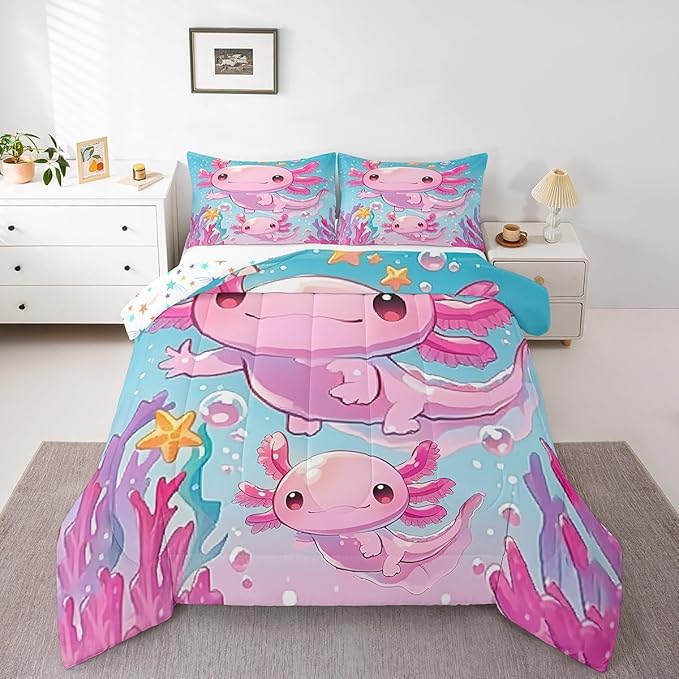 Girls Cute Axolotl Kids Twin Size Comforter Set,Pink Ocean Sealife Kawaii Animal Reversible Bedding Sets for Teens Bedroom Decor,Cartoon Blue Sea Coral Quilted Duvet,1 Pillowcase