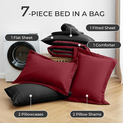 Sasttie Red & Black King Size Comforter Set, 7 Pieces Bed in a Bag King, Complete Bedding Set Includes Comforter, Flat Sheet, Fitted Sheet, Pillowcases and Pillow Shams, Burgundy