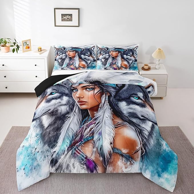 Erosebridal Indian Woman and Wolf King Comforter Set,Hunting Wolf Bedding Set for Men Women Room Decor,Ethnic Tribal Boho Quilt Set Wild Animal Bedding Comforter Sets,2 Pillowcases