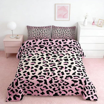 Feelyou Pink Leopard Bedding Set Cheetah Comforter Set for Kids Boys Girls Teens Room Decor Animal Print Comforter Queen Size Safari Duvet Set 3Pcs