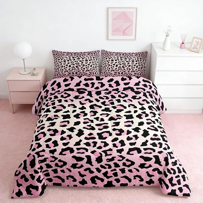 Feelyou Pink Leopard Bedding Set Cheetah Comforter Set for Kids Boys Girls Teens Room Decor Animal Print Comforter Twin Size Safari Duvet 2Pcs