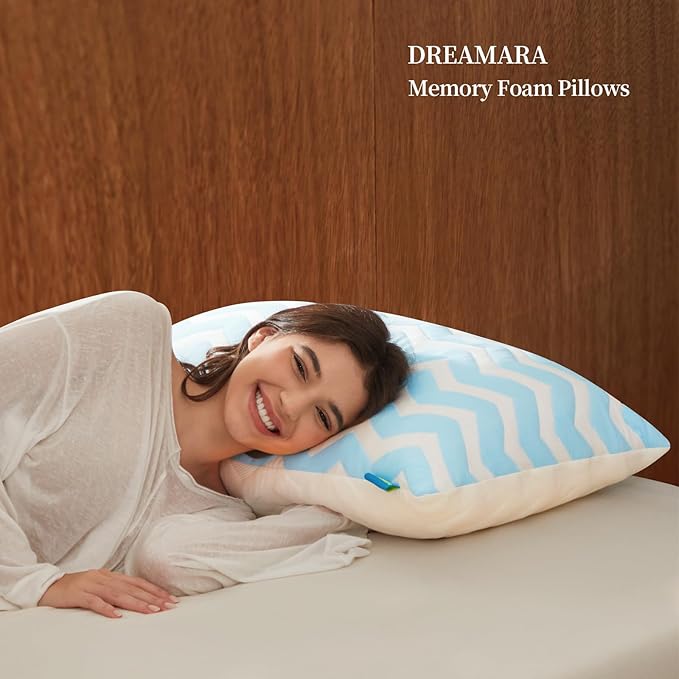 Dreamara Cooling Bed Pillows Queen Size Set of 2 – Adjustable Loft Shredded Memory Foam Pillows for Side, Back & Stomach Sleepers, Supportive & Breathable for Hot Sleepers (Blue)