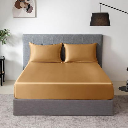 THXSILK 100% Mulberry Silk Fitted Sheet Set, 7A+ Silk 3 Pieces Bed Sheets, Breathable, Smooth, 16 Inch Deep Pocket Fitted Sheet, 2 Pillowcases - Metallic Gold, King