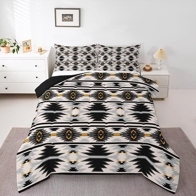 Erosebridal Western Aztec King Bedding Set for Boys, Bohemian Southwestern Comforter Set American Native Bedding Comforter Sets Indian Exotic Geometric Quilt Rustic Farmhouse Decor, Gray Black
