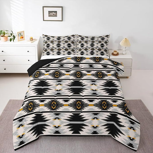 Erosebridal Western Aztec King Bedding Set for Boys, Bohemian Southwestern Comforter Set American Native Bedding Comforter Sets Indian Exotic Geometric Quilt Rustic Farmhouse Decor, Gray Black