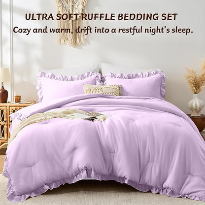 FUANNA Full Size Comforter Sets Lavender, 3 Pieces Ruffle Full Size Bedding Sets, Fluffy Bed in a Bag Full for All Seasons, Shabby Chic Full Bed Set with 1 Lightweight Comforter & 2 Pillowshams