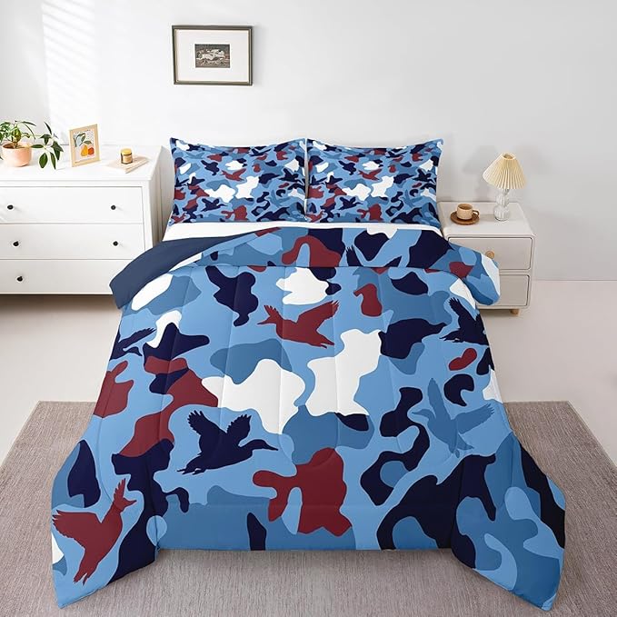Erosebridal Duck Camo Comforter Set Twin Size Camouflage Bedding for Kids Hunting Farmhouse Camping Comforter Vintage Navy Blue Room Decor Wild Duck Rustic Animal Duvet Set