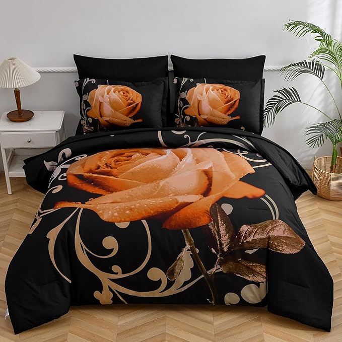 Xruibed Floral Comforter Set Queen 7 Piece Bed in a Bag Orange Rose Flower Comforter with Sheet Set Soft Micorfiber Bedding Set (1 Comforter,2 Pillow Shams,1 Flat Sheet,1 Fitted Sheet,2 Pillowcases)