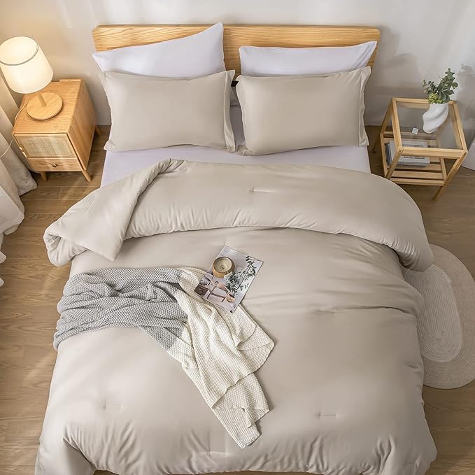 weigelia Queen Comforter Set 7 Pieces Oatmeal Comforters Queen Size Soft Fluffy Bedding Comforter Set with Fitted Sheets, Flat Sheets, Pillow Shams, and Pillowcases