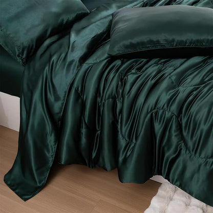 A Nice Night Satin Silky Soft Quilt Sexy Luxury Super Soft Microfiber Bedding Comforter Set Full/Queen, Light Weighted (Blackish Green, King)