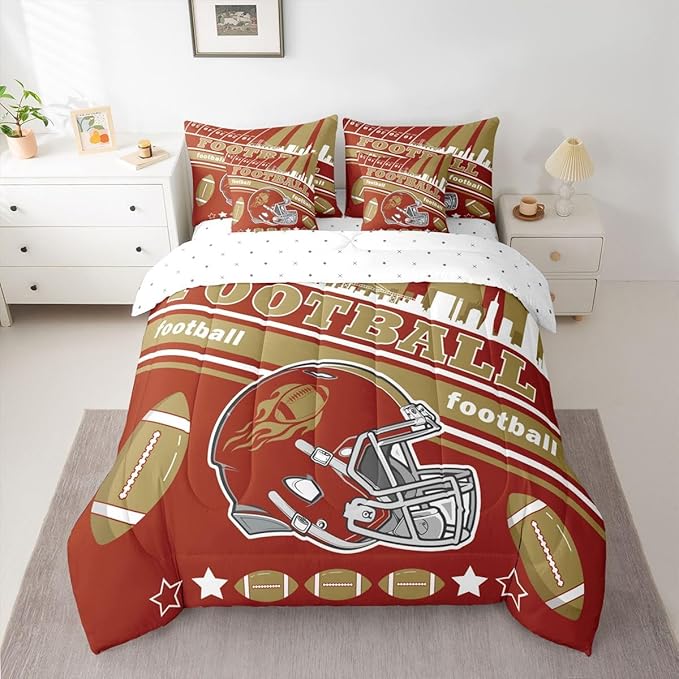Feelyou Football 7 Pieces Comforter Sets Queen Size Kids Rugby Sports Bedding Set for Boys Kids Teen Sports Theme Bed in a Bag with Comforter, Sheets, Pillowcases & Cushion Cover