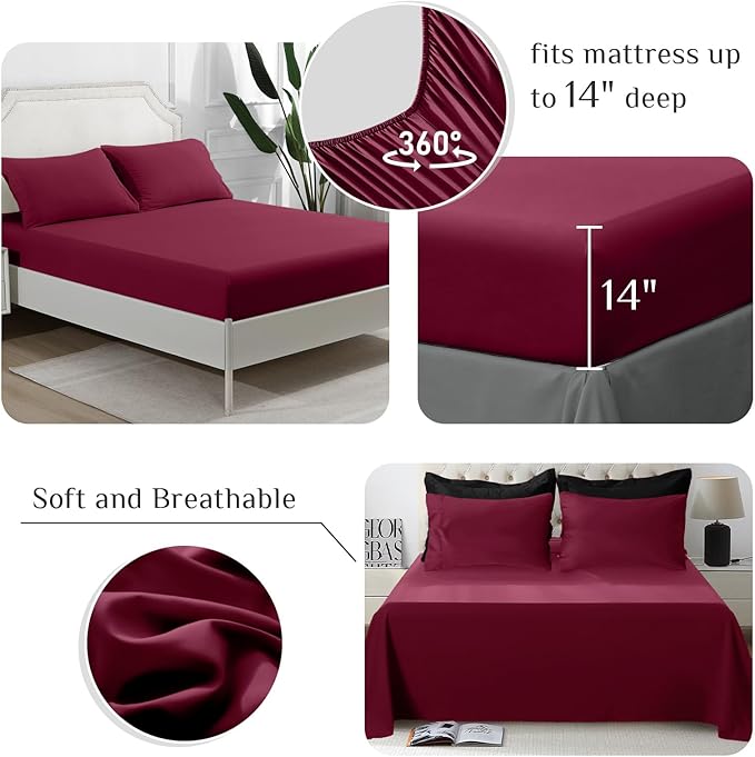 JOLLYVOGUE Twin Comforter Set, Ultra-Soft Bed in a Bag Twin Size 5 Pieces, Oeko-TEX Certified Bedding Set with Down Alternative Comforter, Sheets, Pillowcases & Shams, Burgundy & Black