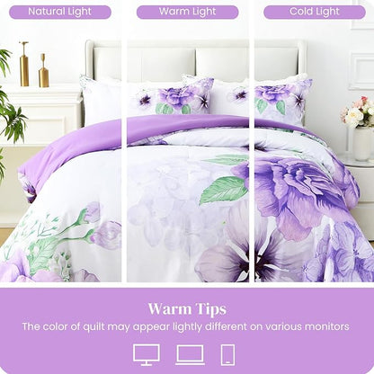Floral Comforter Set King Size, 3 Pieces Elegant Purple Floral Bed in a Bag, Soft Microfiber Botanical Flower Bedding Set with 2 Pillowcases for All Season 104"×90"