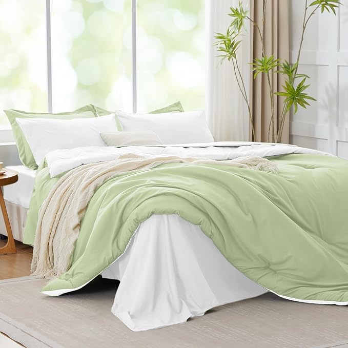King Size Comforter Set Light Green Reversible Bedding Set, 7 Pieces Soft Bed in a Bag King with Comforter, Sheets, Pillowcases & Shams, All Season Boho King Bed Set