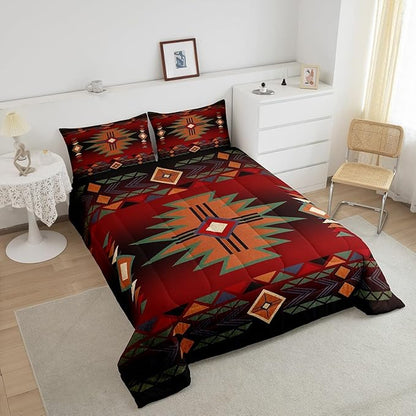 Western Comforter Set King Size,Red Black Cowboy Cowgirl Bedding Set for Boys Girls,Kids Adult Aztec Native Tribal Quilt Set Retro Geometric Arrow Striped Bohemian Duvet Insert,2 Pillowcases