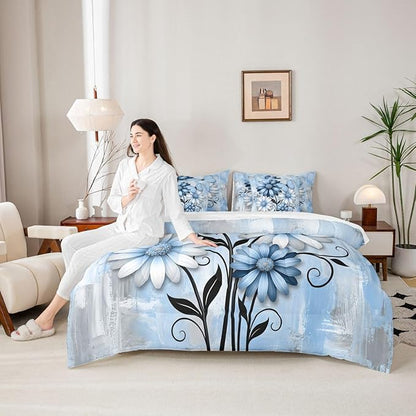 Feelyou Blue Floral Comforter Set With Sheets 7 Piece Full Size Daisy Blossom Flowers Pattern Bedding Set for Kids Boys Girls Abstract Geometric Art Bed in a Bag Room Decor Soft Lightweight Microfiber