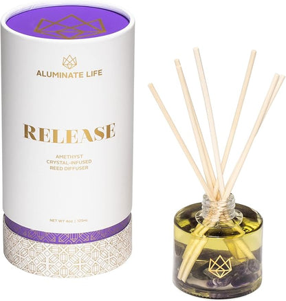 Crystal Infused Reed Diffuser, 4 OZ, Release - Amethyst Crystal Infused - Scents of Lavender, Bergamot, & Frankincense - Home Decor, House Warming, Room, Stick Perfume, Coffee Table