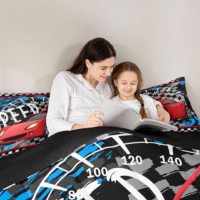 Feelyou Boys Race Car Bedding Set Cool Race Sports Car Set Comforter Set for Kids Boys Sports Theme Duvet Set Checkered Comforter Red 1 Comforter Set with 2 Pillowcases Queen Size