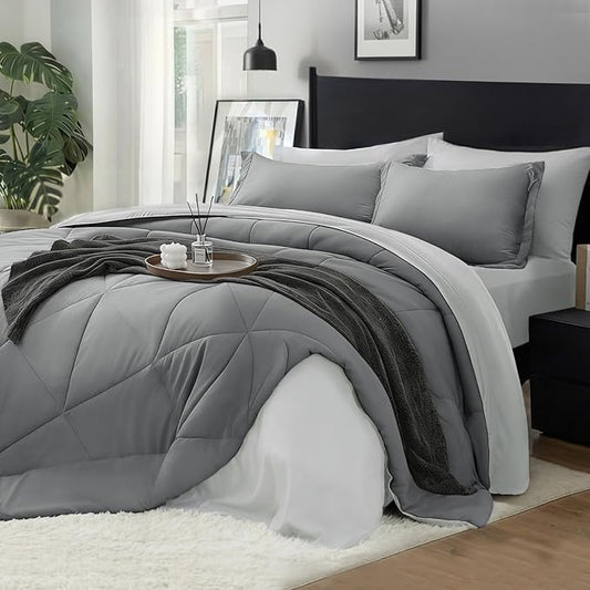 BEDELITE Twin Comforter Set 5 Pieces Bed in A Bag - Soft Microfiber Reversible Grey Bed Set with Comforters, Sheets, Pillowcase & Sham, Cozy Luxury Bedding Sets for All Season