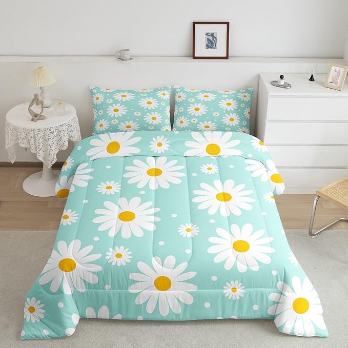 Erosebridal Teal Floral Queen Comforter Set Cute Daisy Girly Bedding Set Garden Plants Cartoon Flowers Comforter for Kids Teen Adults,Modern Aesthetic Decor Bed Set 2 Pillow Cases